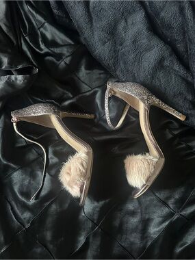 Aldo Blush Glitter & Faux Fur Open-Toe Stiletto Heels